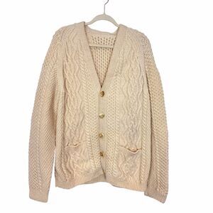 Vintage Handmade Wool Sweater Womens Large Cream Cable Knit Cardigan V-Neck